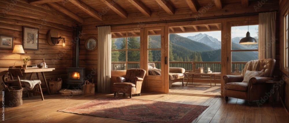 Cozy cabin interior with wooden background Cozy cabin interior with wooden background