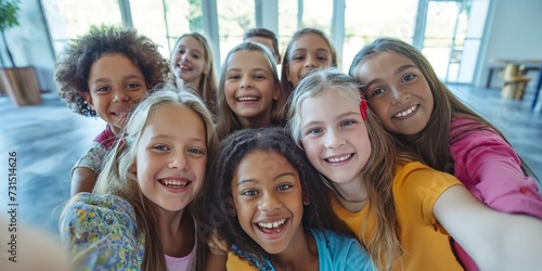 Happy elementary school friends, children and selfie for fun educational memory in lobby together. Diversity, young students and group of girls smile for picture, digital photography and social media