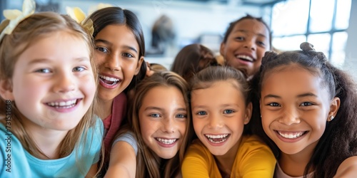 Happy elementary school friends, children and selfie for fun educational memory in lobby together. Diversity, young students and group of girls smile for picture, digital photography and social media © StockWorld