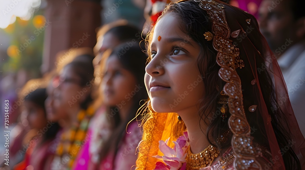 Traditional indian attire on young girl at cultural event. portrait showcasing vibrant ethnic fashion. captivating look, cultural representation. AI