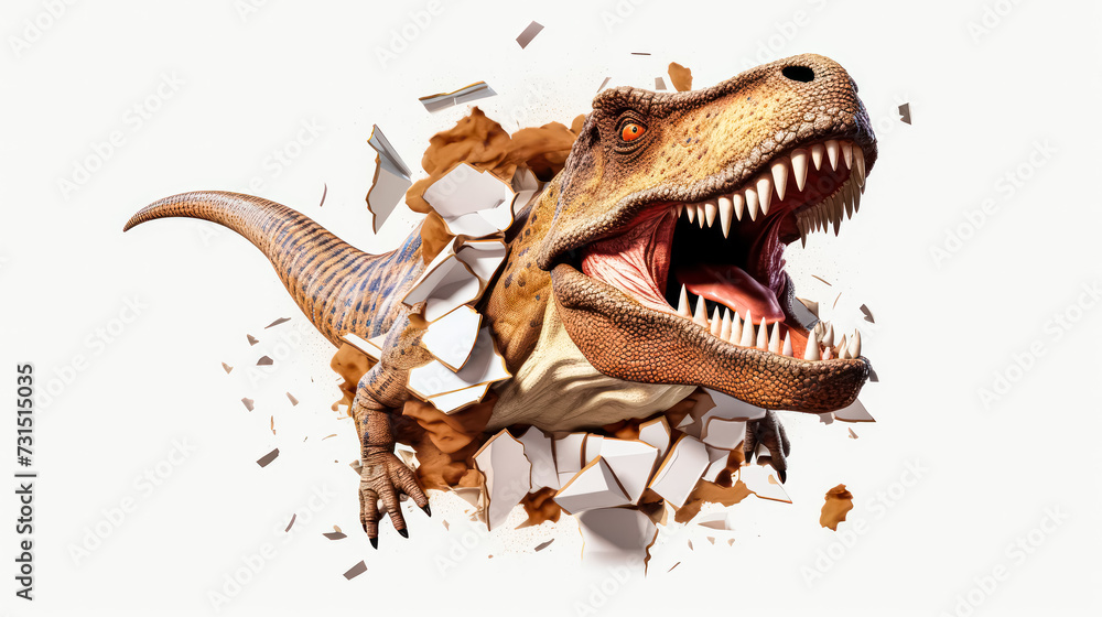 An impressive rear illustration of a tyrannosaurus bursting out of a sheet of paper