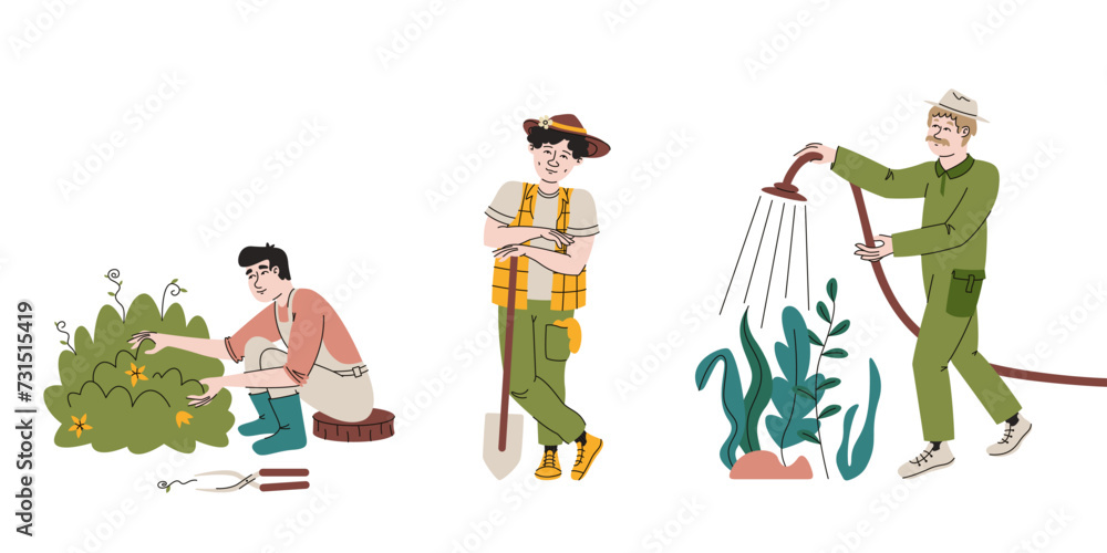 Naklejka premium Set of different men growing plants. Male persons in doodle style.
