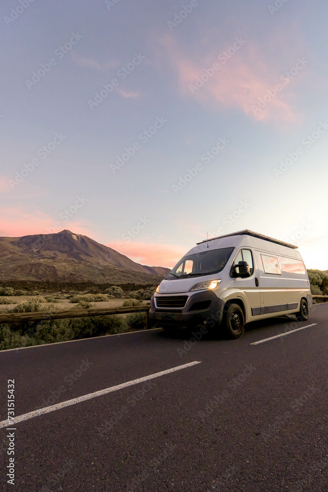 Van Parked on a Countryside Road at Dusk in el Teide, Tenerife Van Parked on a Countryside Road at Dusk in el Teide, Tenerife