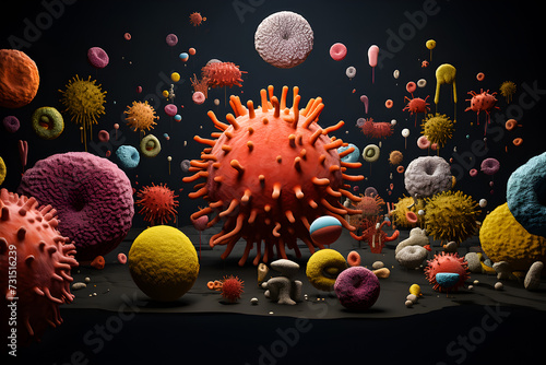 close-up of multi-colored 3D bacteria under a color scanning electron micrograph, generative ai