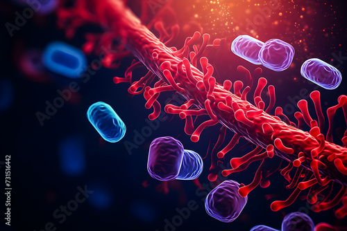 close-up of multi-colored 3D bacteria under a color scanning electron micrograph, generative ai photo