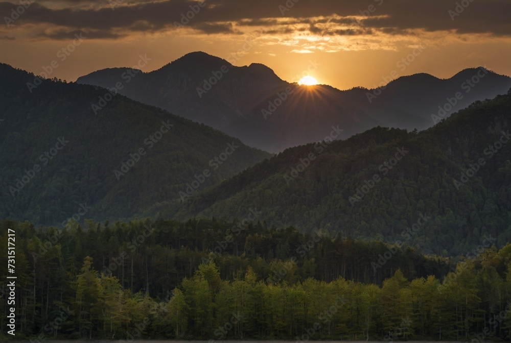 The longitudinal mountains and the setting sun and the forest The longitudinal mountains and the setting sun and the forest