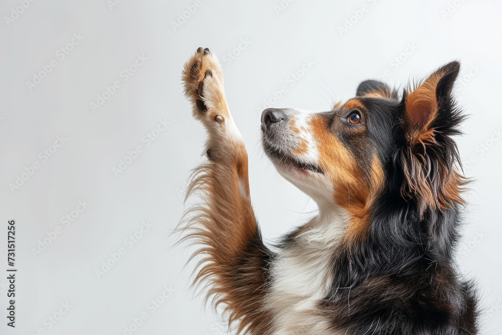 Dog Giving High Paw.
A tricolour dog raises its paw in a high five gesture on a light background. - obrazy, fototapety, plakaty 