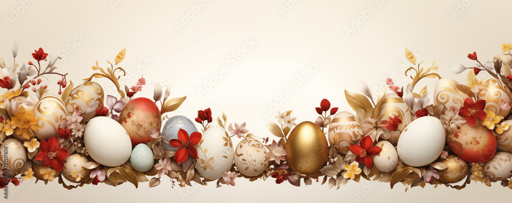 Happy Easter banner with golden easter eggs and red spring flower on bottom border background. Banner or invitation template layout for Easter Day. - obrazy, fototapety, plakaty 