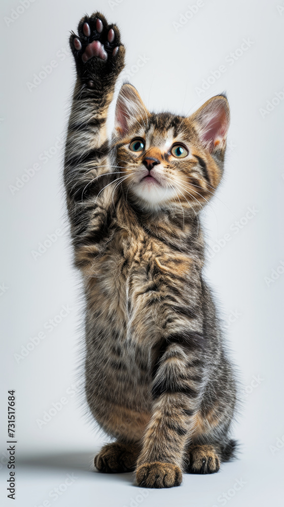 Tabby Kitten Paw High Five.
Adorable tabby kitten raises its paw high in a cute high-five pose, with clear and attentive eyes, on a neutral background.