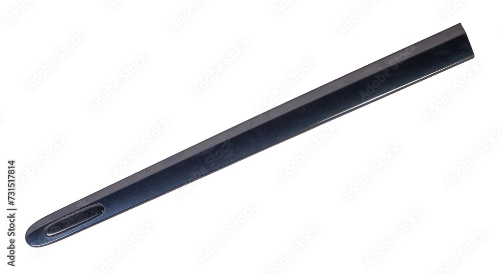 Green plastic molding with chrome for car side fender - tuning element for sale in a car service on a white isolated background in a photo studio. Green plastic molding with chrome for car side fender - tuning element for sale in a car service on a white isolated background in a photo studio.