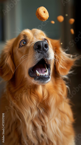 Golden Retriever Awaiting Treat. A golden retriever with an open mouth looking at a treat falling in front of it.