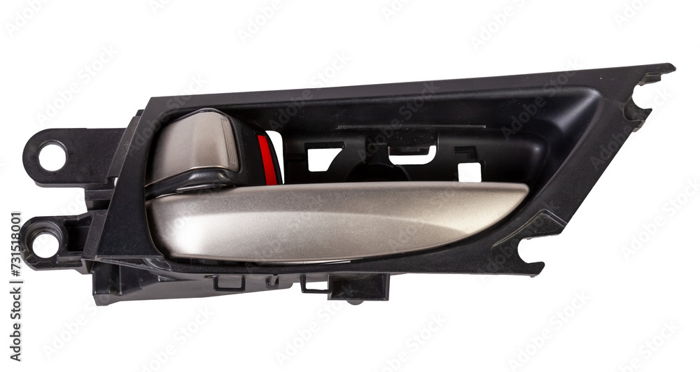 Inside Handle door opening in the vehicle with metal element on white isolated background. Spare parts auto catalog. Inside Handle door opening in the vehicle with metal element on white isolated background. Spare parts auto catalog.