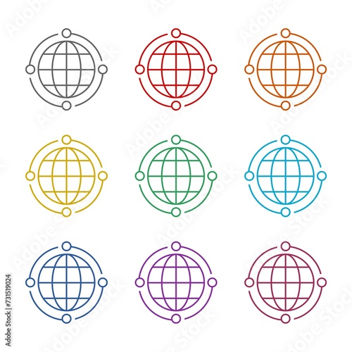Global relocation line outline icon isolated on white background. Set icons colorful