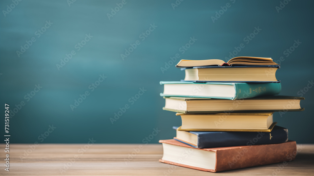opened book on books stack on school desk and blue chalkboard on background. World book day, Education learning and back to school concept. opened book on books stack on school desk and blue chalkboard on background. World book day, Education learning and back to school concept.