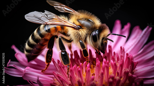 Bee gathers pollen from a pink flower, A honey bee looking for food in summer
