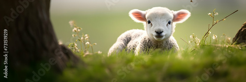 Adorable little lamb, sheep lying in a meadow among spring wild flowers. The birth of a new life. Cute young animal. Panoramic header with copy space for greetings card.