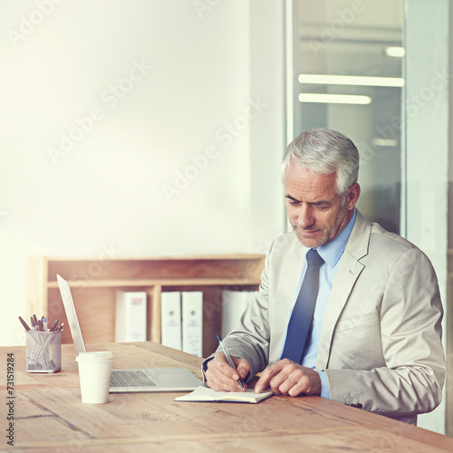 CEO, businessman and writing with laptop, plan and vision for expanding office and boardroom. Executive, senior employer and diary notes at desk, company and thinking for of new idea in firm project