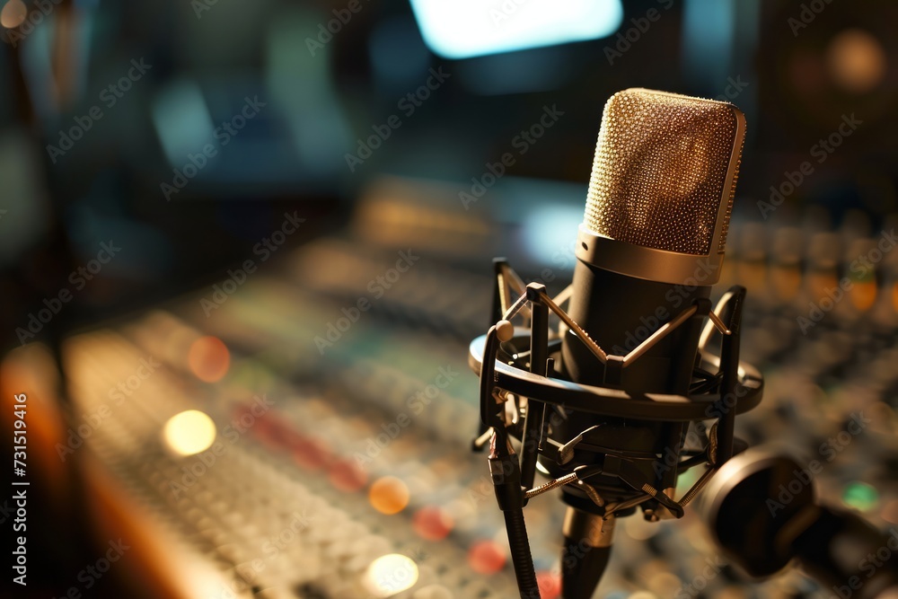 A condenser studio microphone with a shock mount and windscreen is shown in a music studio, representing the musical concept A condenser studio microphone with a shock mount and windscreen is shown in a music studio, representing the musical concept
