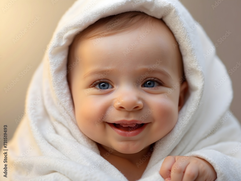 beautiful boy or girl, smiling and wrapped with white blanket. generative ai beautiful boy or girl, smiling and wrapped with white blanket. generative ai
