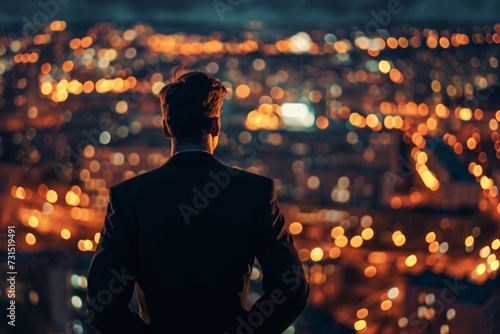 A young successful businessman is looking at the city at night