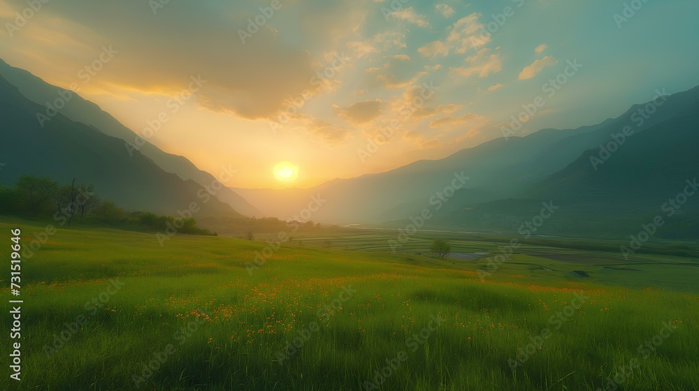 moment the morning sun rises above the beautiful scenery of mountains, hills and pastures. gentle mist. generative AI moment the morning sun rises above the beautiful scenery of mountains, hills and pastures. gentle mist. generative AI