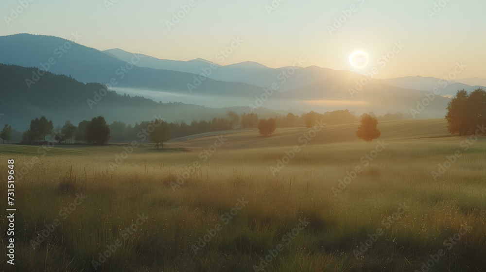 Obraz premium moment the morning sun rises above the beautiful scenery of mountains, hills and pastures. gentle mist. generative AI