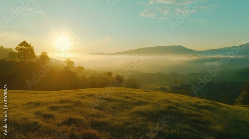 moment the morning sun rises above the beautiful scenery of mountains, hills and pastures. gentle mist. generative AI