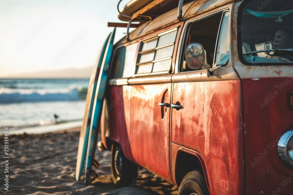 Fototapeta premium A red van or bus is parked on the beach with two long surfboards on top