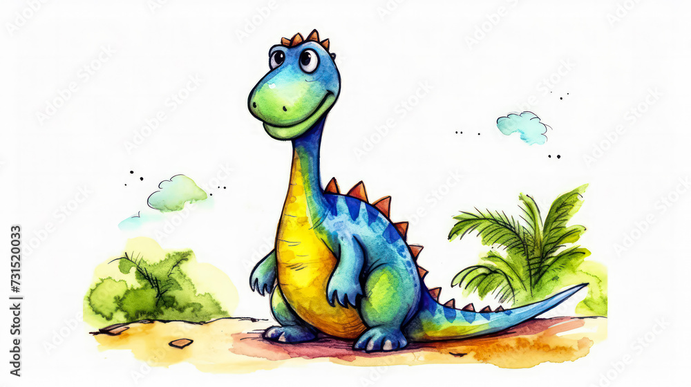 A delightful and colorful childrens watercolor drawing of a dinosaur