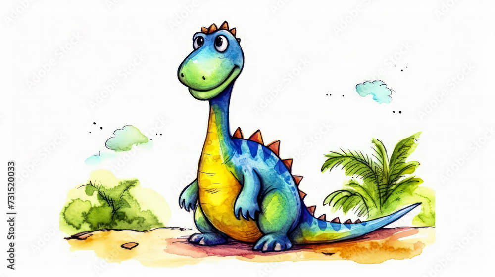 Fototapeta premium A delightful and colorful childrens watercolor drawing of a dinosaur