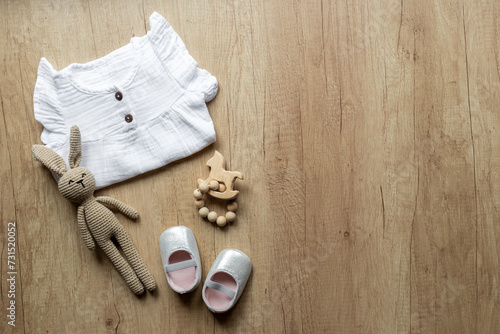 Flat lay of baby staff and accessories. Kids wear flat lay