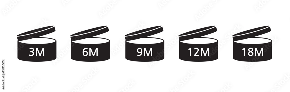 PAO cosmetic icon, mark of period after opening. Expiration time after package opened, back label. 3M, 6M, 9M, 12M, 18 month expirity on white background, vector illustration. eps. jpg. png PAO cosmetic icon, mark of period after opening. Expiration time after package opened, back label. 3M, 6M, 9M, 12M, 18 month expirity on white background, vector illustration. eps. jpg. png