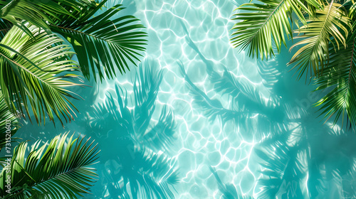 Palm leaves on the surface of ocean water with space for text. Top view of tropical leaf shadow on water surface. Beautiful abstract background concept banner for summer vacation at the beach.