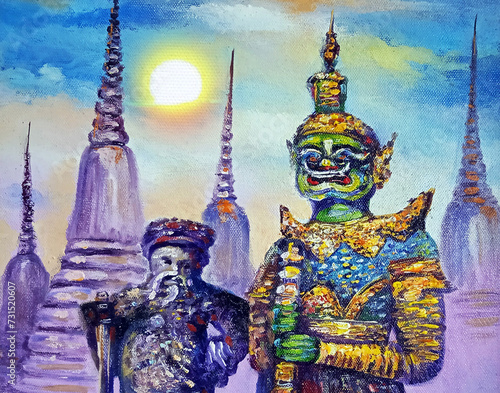oil painting giant guardians grand palace bangkok thailand 