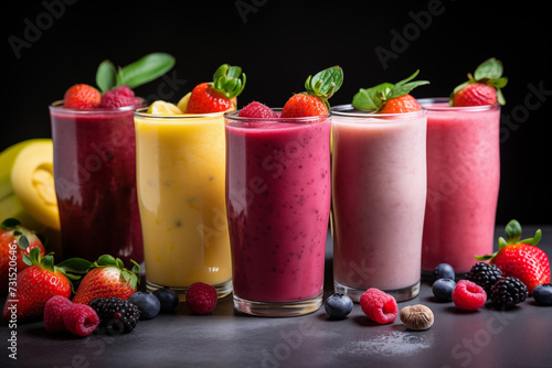 Healthy fresh fruit smoothies with ingredients. Mixed berry smoothies. Variety of fresh fruit juices in glasses on a black background. Summer drinks, A healthy berry smoothie is rich in antioxidants.