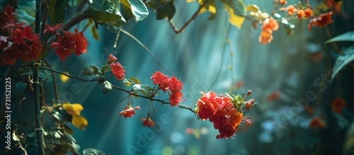 A cluster of red flowers gracefully adorns a tree branch in a vivid display of nature s artistic beauty.