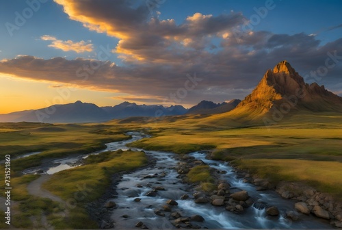 Paisaje de pradera con hierba verde con un rio y montañas bañadas con la luz del sol, a lo lejos nubes. Hermoso Paisaje remoto