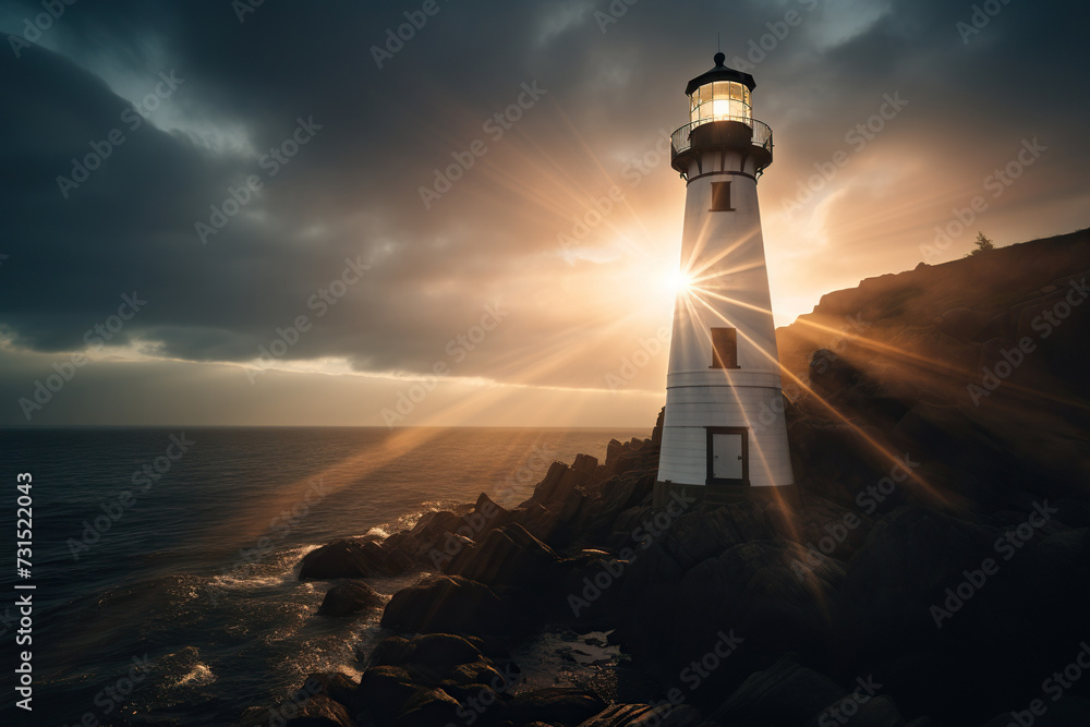 Lighthouse on the island in the bright rays of sunset or dawn. Generated by artificial intelligence