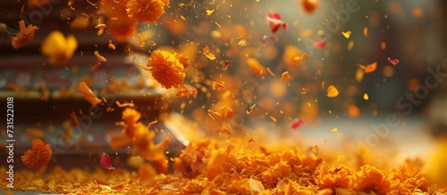 Amber-colored petals float through the air as a delightful cuisine dish is being tossed playfully amidst a picturesque landscape.