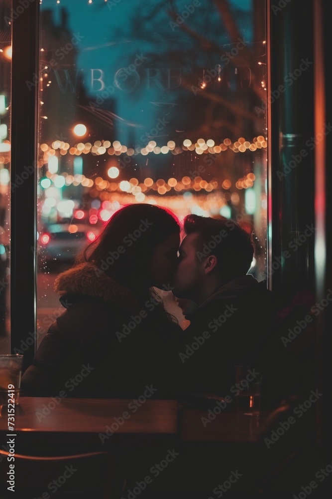 A couple kisses on a date in a bar