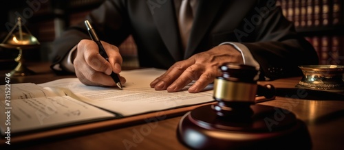 Male lawyer or judge working with contract papers and gavel in courtroom