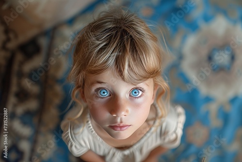 Blue-themed Innocence  Child s Upward Glance