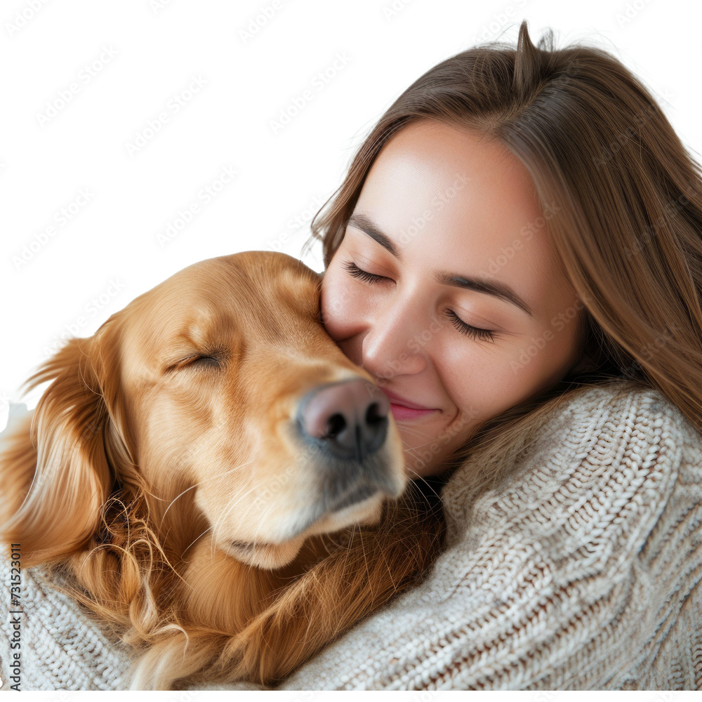 Young smiling happy cheerful owner woman with her best friend retriever