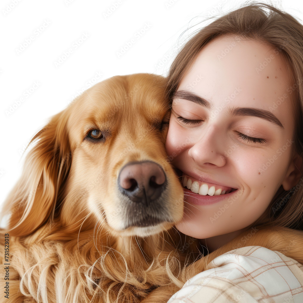 Woman with retriever wear casual clothes cuddle hug dog close eyes. Take care about pet concept