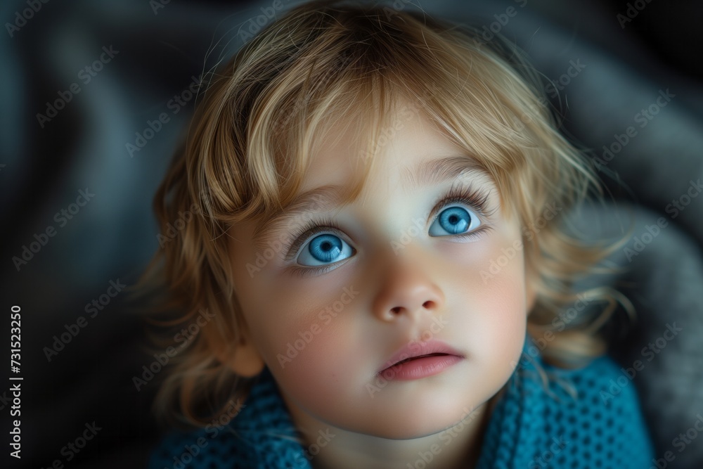 Blue-themed Innocence: Child's Upward Glance Blue-themed Innocence: Child's Upward Glance