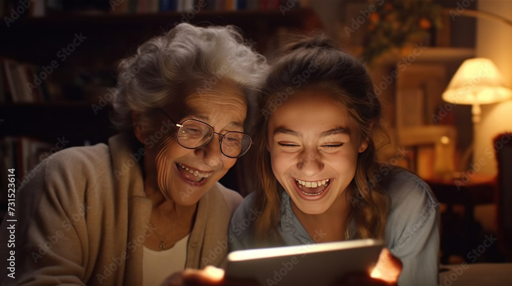 Adult daughter teaches her elderly mother how to use the tablet between laughter and learning, sharing some funny moments between them in the living room. Adult daughter teaches her elderly mother how to use the tablet between laughter and learning, sharing some funny moments between them in the living room.