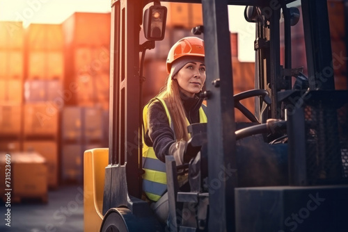 A female foreman driving forklift at shipping container yard, Industrial engineer woman drives reach stacker truck to lift cargo box at logistic terminal dock. photo