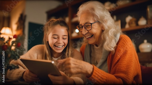 Adult daughter teaches her elderly mother how to use the tablet between laughter and learning, sharing some funny moments between them in the living room.