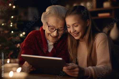 Adult daughter teaches her elderly mother how to use the tablet between laughter and learning, sharing some funny moments between them in the living room.