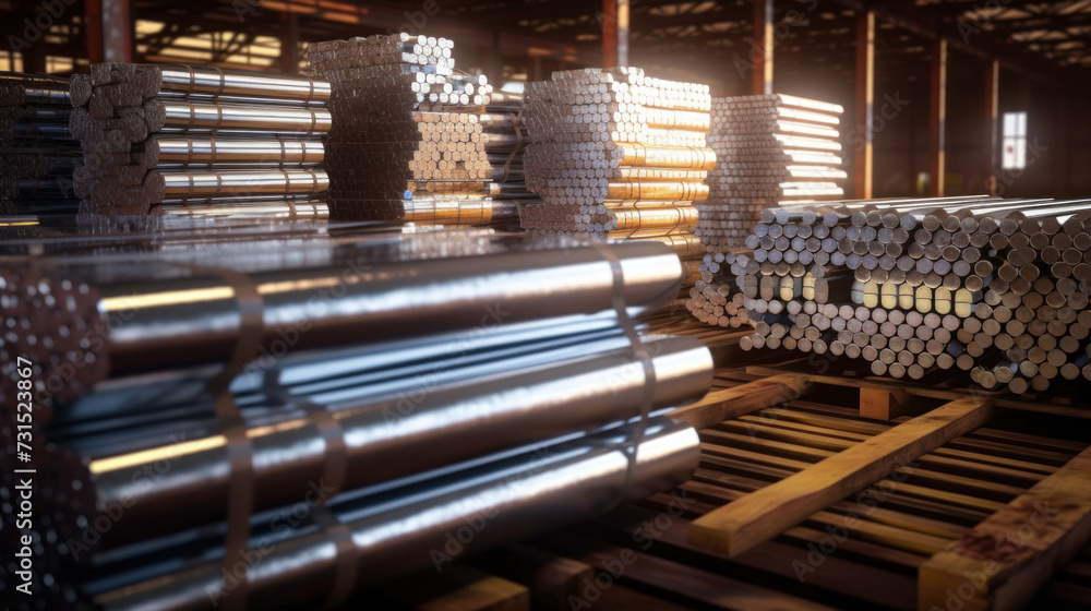 Aluminum in stack waiting for shipment in large warehouse. Aluminum in stack waiting for shipment in large warehouse.